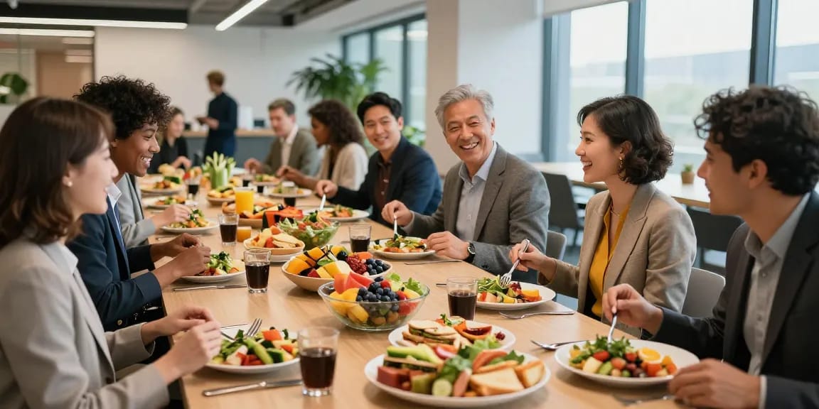 Medewerkers genieten van bedrijfscatering met mediterrane gerechten van de bedrijfscateraar in een moderne kantoorruimte.