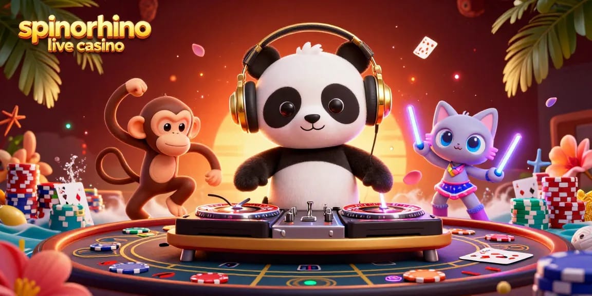 Speel aan echte tafels in het spinorhino live casino met een 3D DJ panda, een breakdance aap en een kitten.