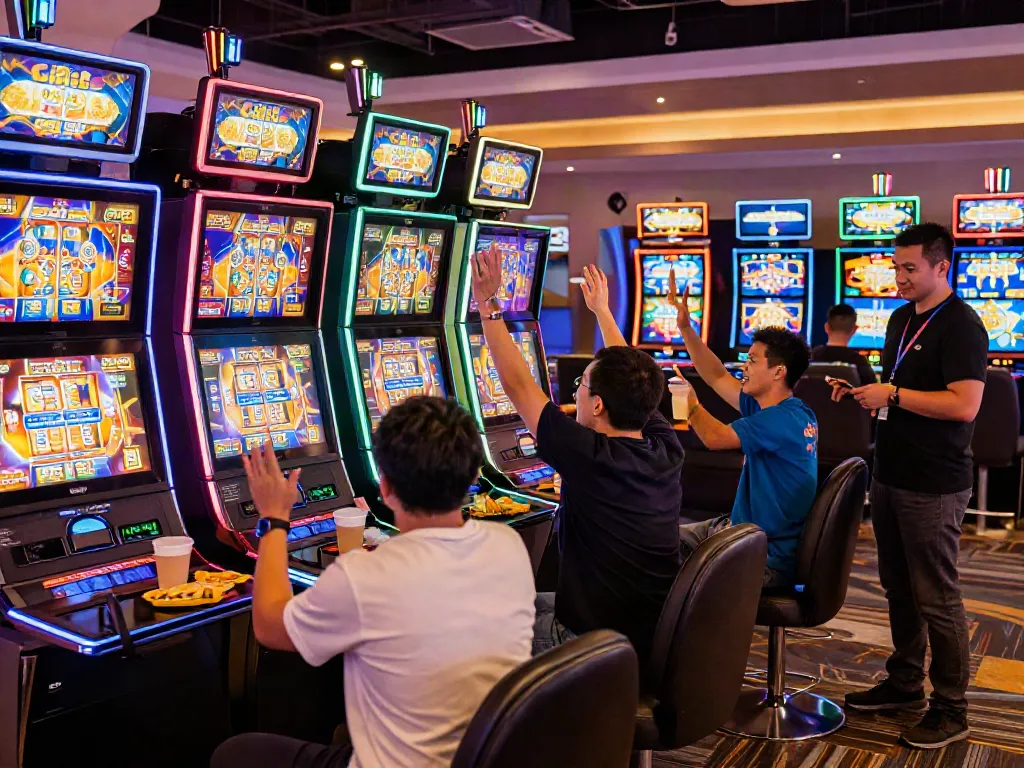 Engaging scene of players celebrating wins at a rokok88 slot machine in a vibrant casino atmosphere.