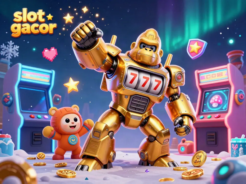 Experience the thrilling action of slot gacor with a vibrant 3D gorilla mech and arcade elements.