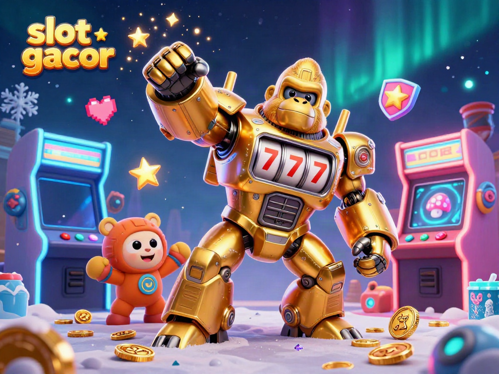 Experience the thrilling action of slot gacor with a vibrant 3D gorilla mech and arcade elements.