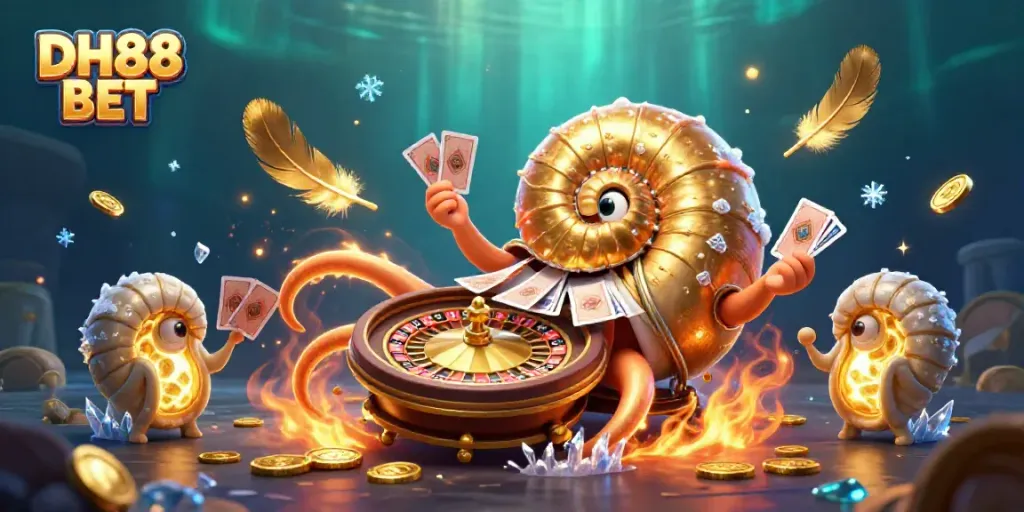 Experience the excitement of DH88 BET with our vibrant casino illustration featuring ancient giant characters engaged in gaming.
