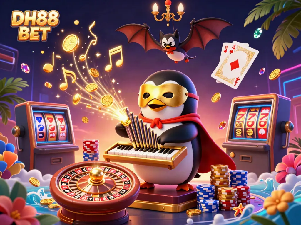 Engage with DH88 BET: A casino scene featuring a whimsical penguin in a gold mask playing an organ of coins.