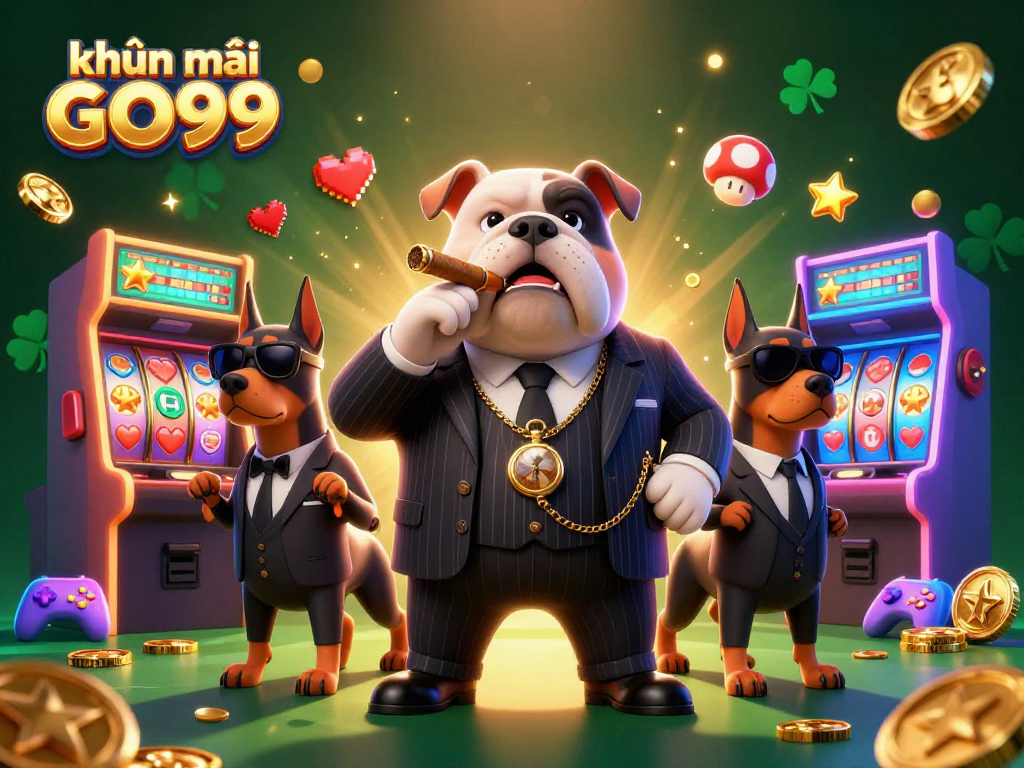 Join the action with khuyến mãi GO99, featuring a mafia boss and Doberman bodyguards in a vibrant casino scene.