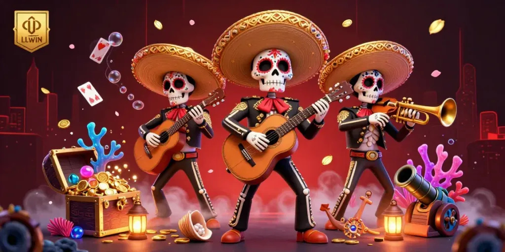 Join the thrill of LLWIN with a vibrant mariachi band amidst treasures and casino excitement.