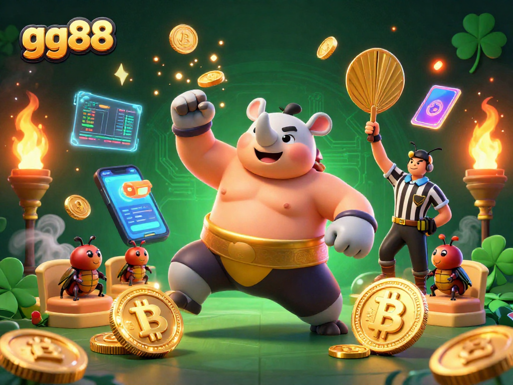 Win big with gg88 in a vibrant 3D scene featuring gamblers and crypto elements in action