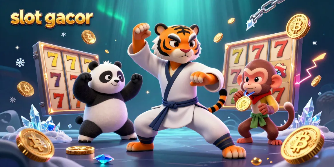 Engage with slot gacor action featuring a kung fu tiger, panda, and monkey amidst vibrant casino elements.