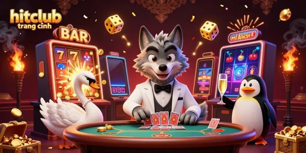 Experience the thrill of hitclub trang chính with a vibrant 3D casino scene featuring a wolf, swan, and penguin.