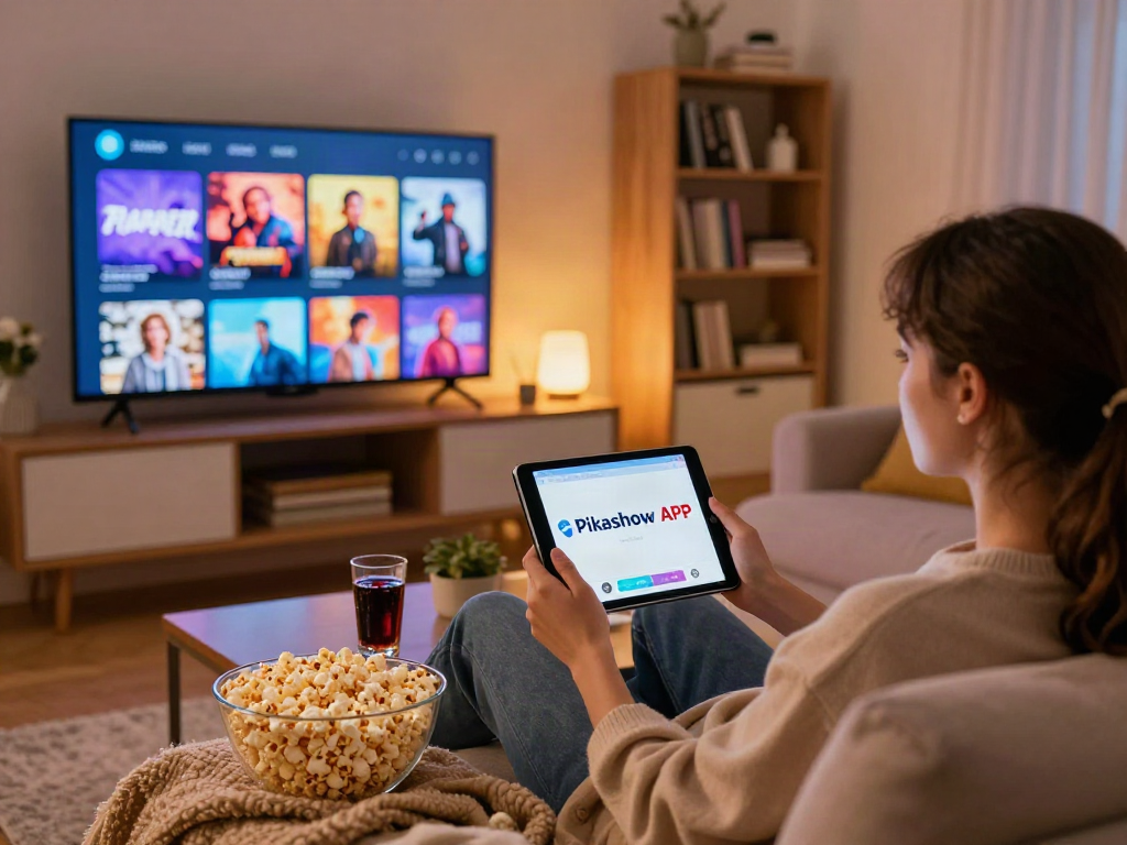 Pikashow APK streaming scene with a person enjoying movies at home on a tablet, cozy setup.