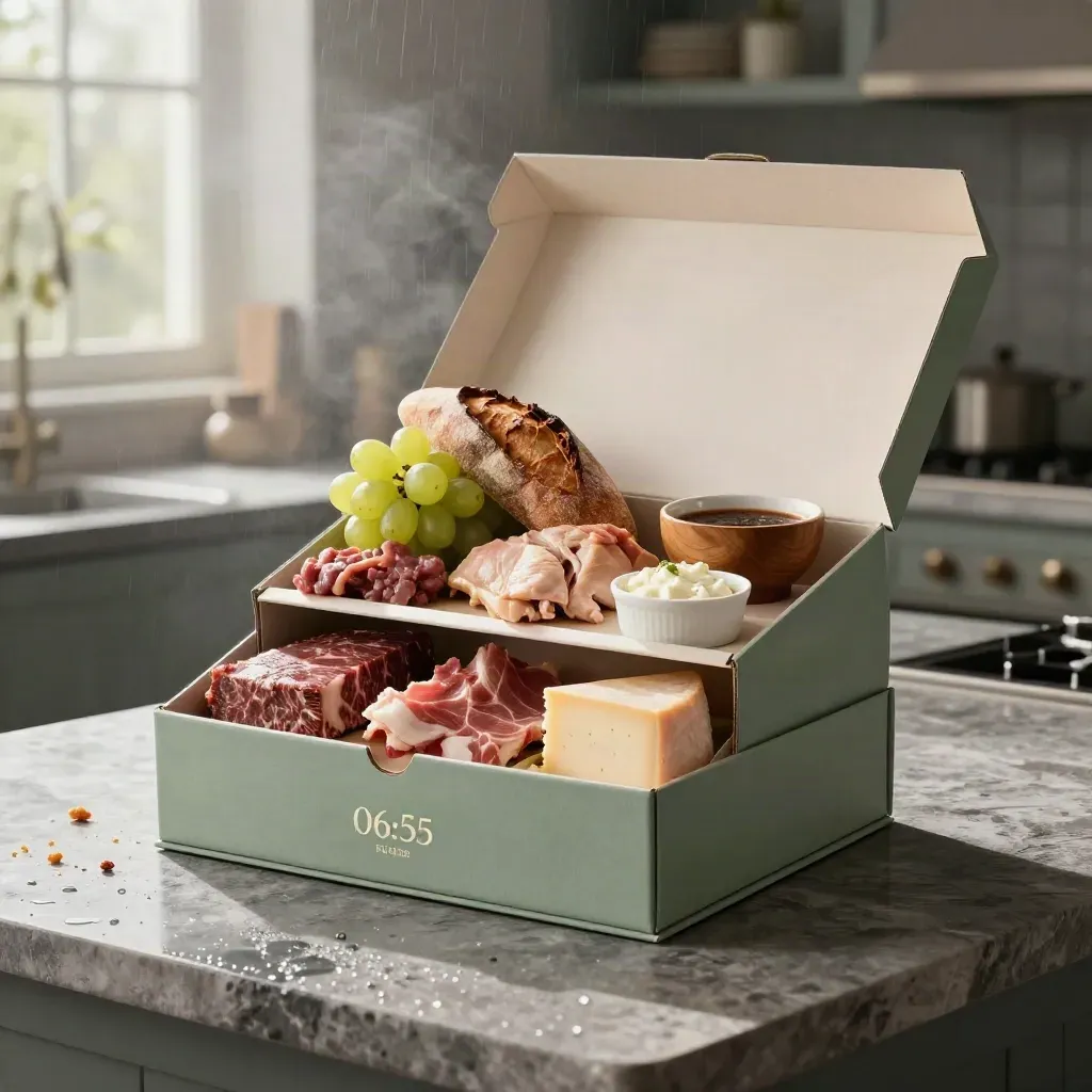 Gourmetpakket met vlees, kaas, brood, druiven en sauzen op een natte stenen keukenplank.