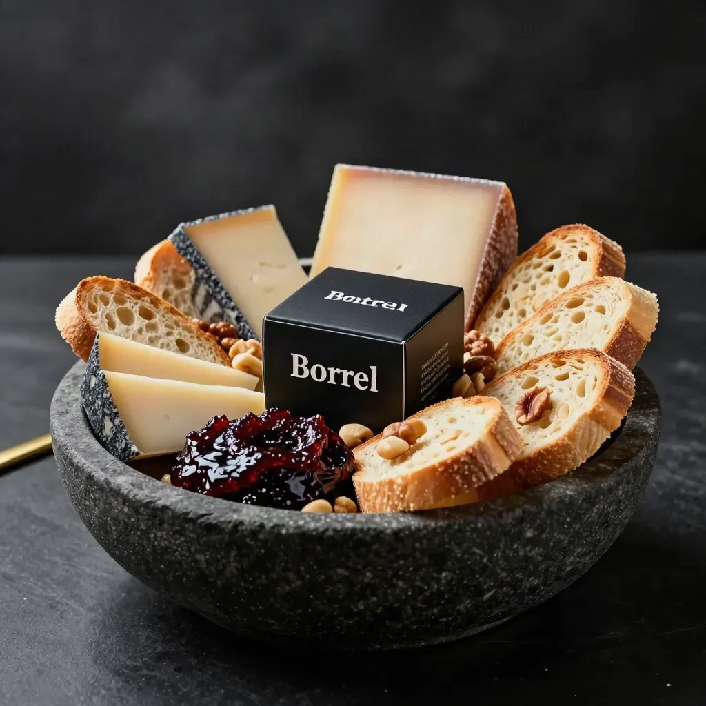 Donkere borrelbox met kaas, tapenade, toast en noten in een stenen schaal, stijlvol uitwaaierend.