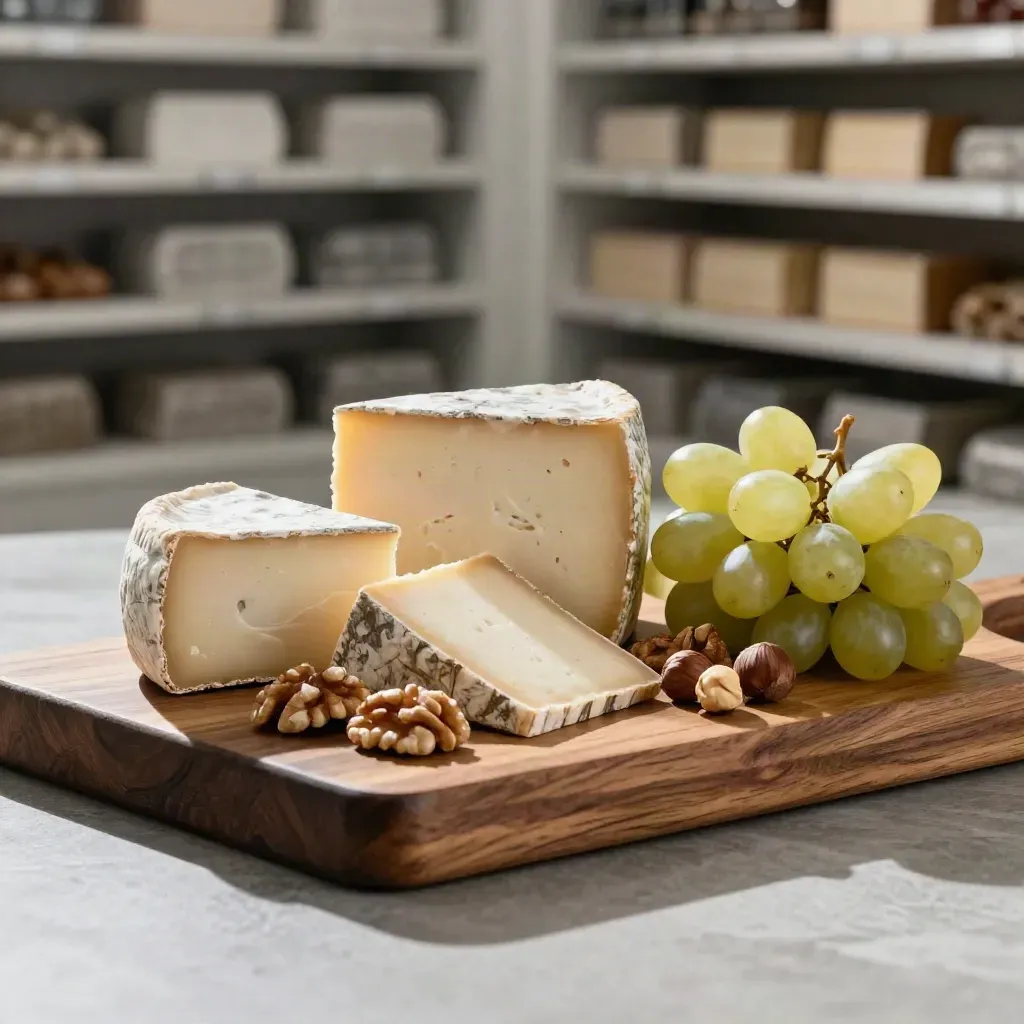 Kaasplank met drie kazen, druiven en noten op donker hout in een luxe setting.