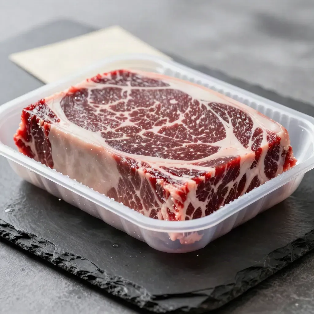 Macro van een onbedrukte tray runder gourmetvlees op natte leisteen met condens en diepe marmering.