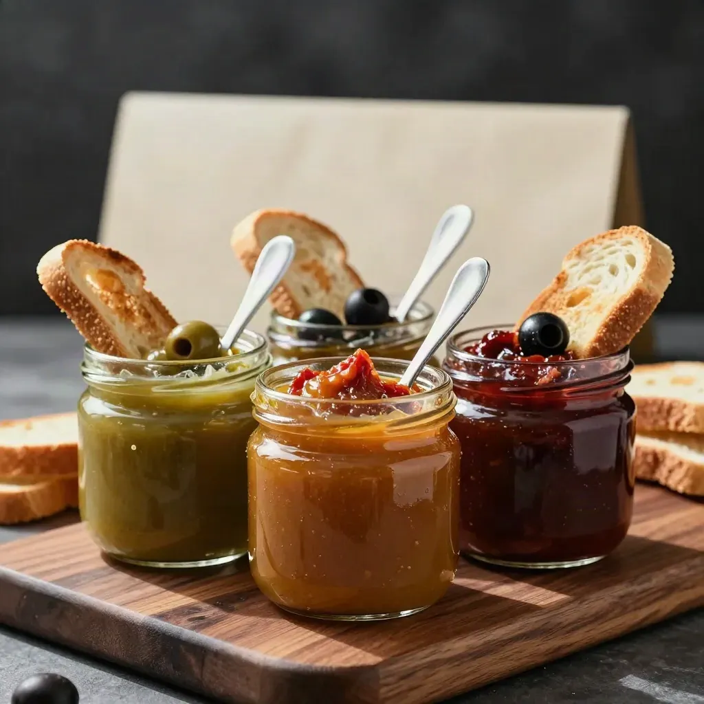 Drie potjes tapenade met toastjes op een donkere houten plank, zacht studioverlicht.