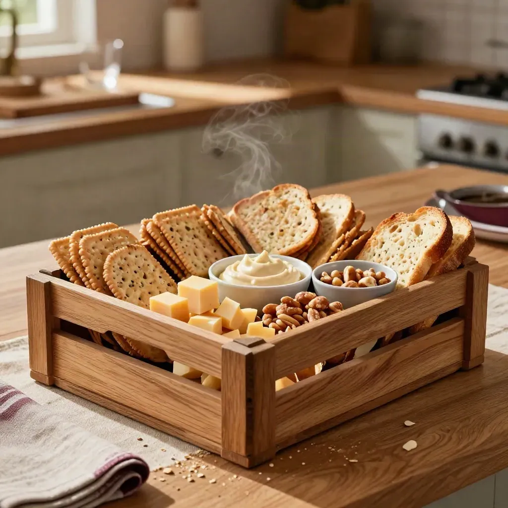 Open houten krat met borrelmix, crackers, kaasblokjes, nootjes en dips op een keukentafel.