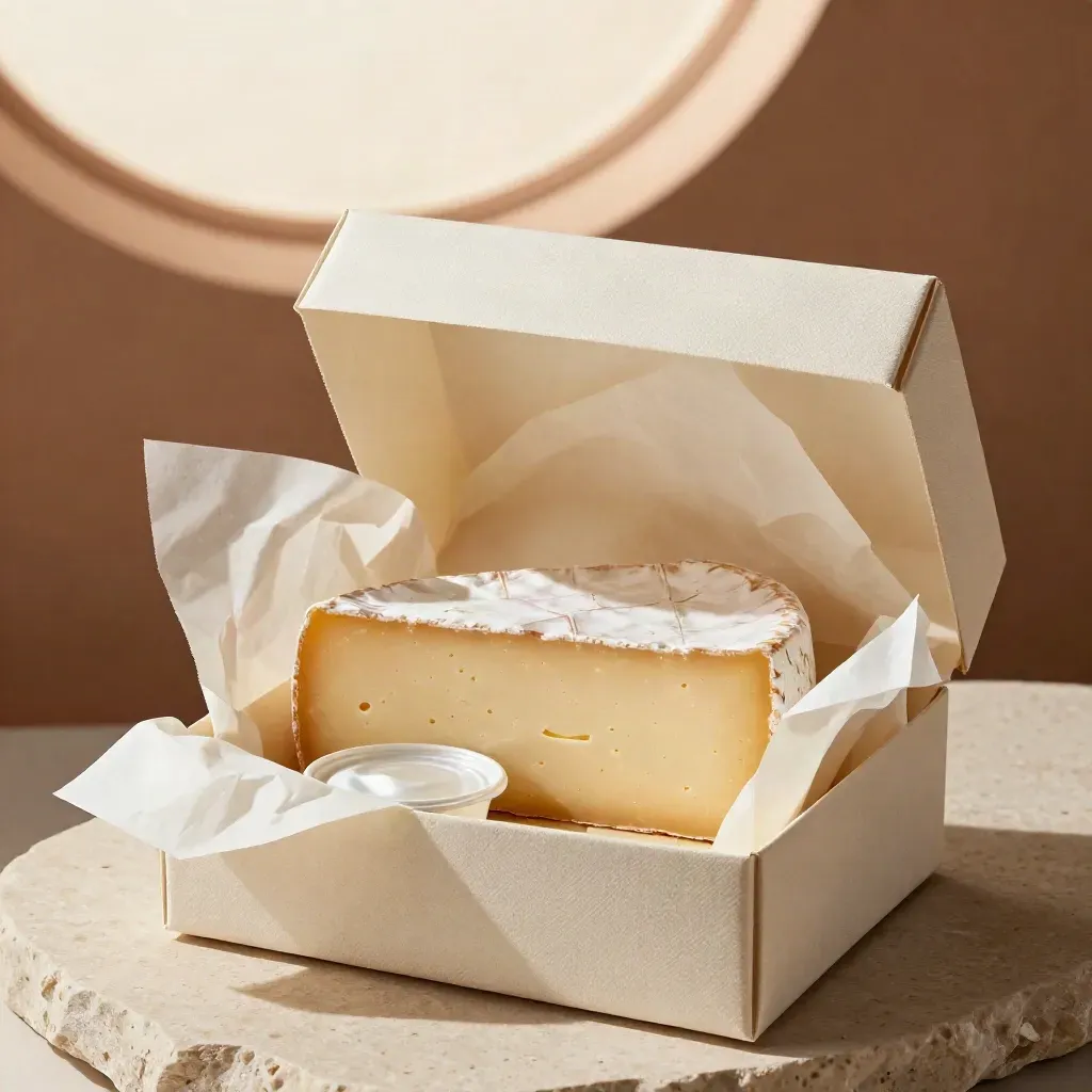 Open geschenkdoos met tissue paper, kaas en dip in zachte crème tinten.