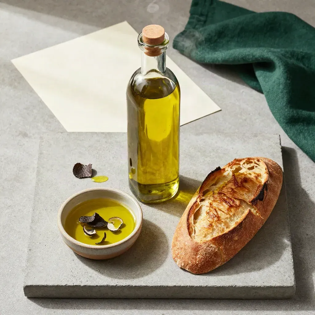 Bovenaanzicht van truffelolijfolie met brood en truffelschaafsel op beton.
