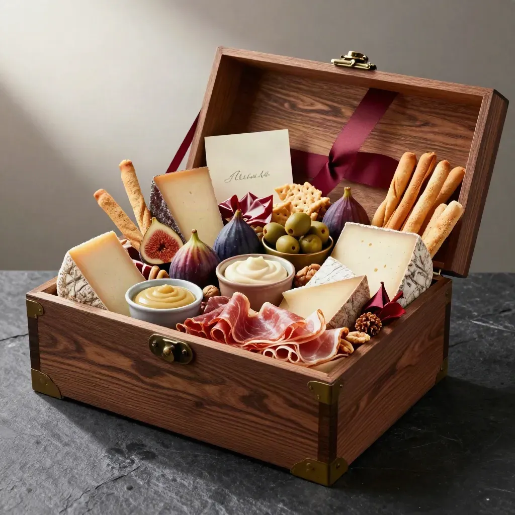 Luxe feestbox met kaas, vlees en snacks in open kist op donkere steen.
