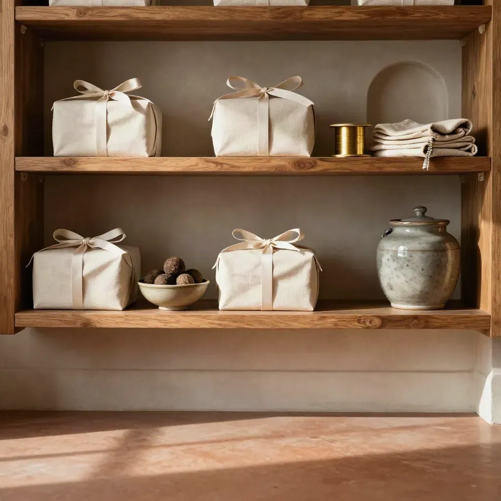 Warme voorraadkamer met houten planken, cadeauboxen, keramiek en linnen in zacht zonlicht.