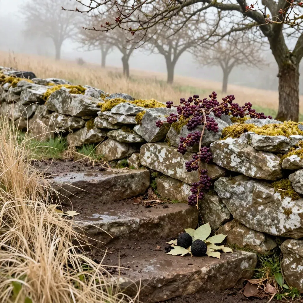 Mistige boomgaardrand met stenen muur, natte aarde en een paar truffels in de mist.