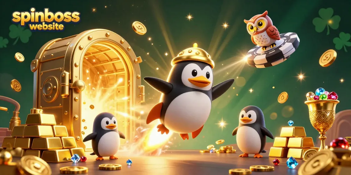 Experience excitement at spinboss website with a golden penguin amidst treasures and casino symbols.