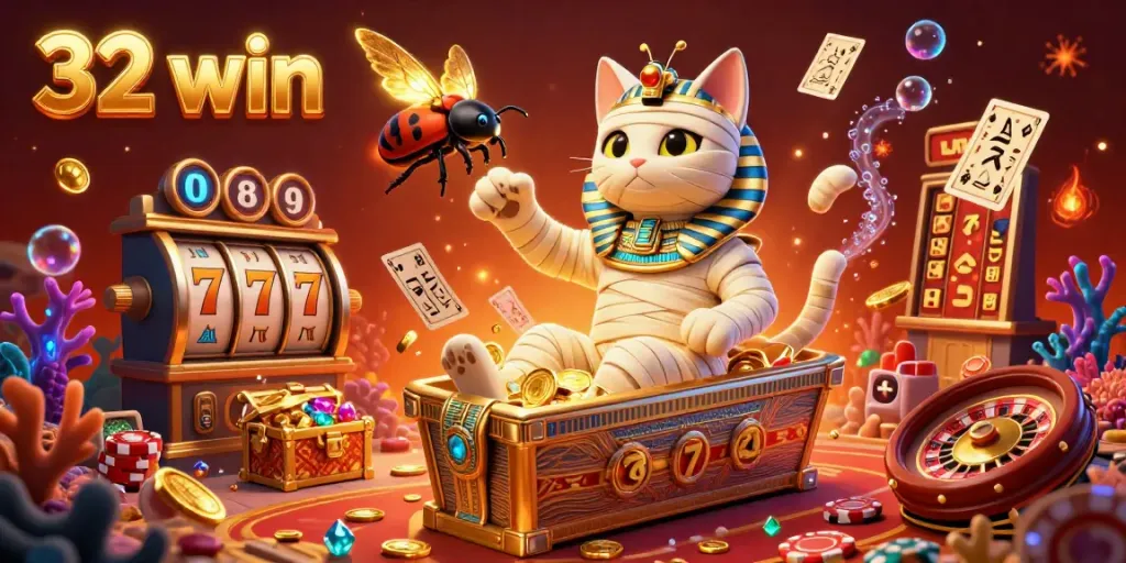 Experience the excitement of 32 win with this vibrant illustration showcasing casino elements and the mummy cat.