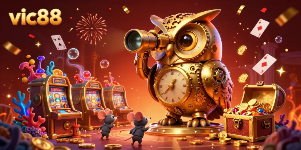 Experience winning moments with vic88 at this vibrant casino scene featuring animated characters and games.