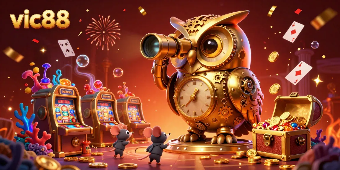 Experience winning moments with vic88 at this vibrant casino scene featuring animated characters and games.
