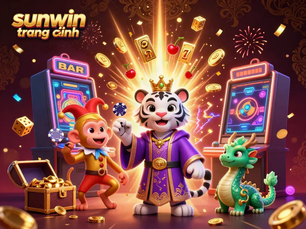 Experience the excitement of sunwin trang chính with a dynamic casino scene featuring iconic symbols, vibrant characters, and jackpot celebrations.