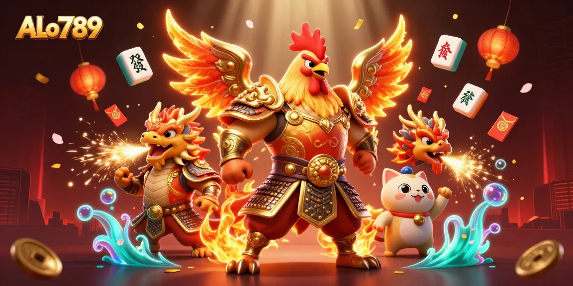 Experience thrilling cockfighting action with ALo789's vibrant digital illustration featuring a warrior rooster and dragon.