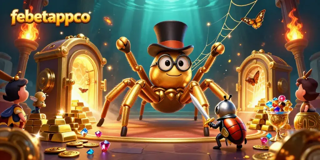 Enjoy the excitement of febetappco with a fantastical scene featuring a golden tarantula and beetle knight amidst a treasure vault.